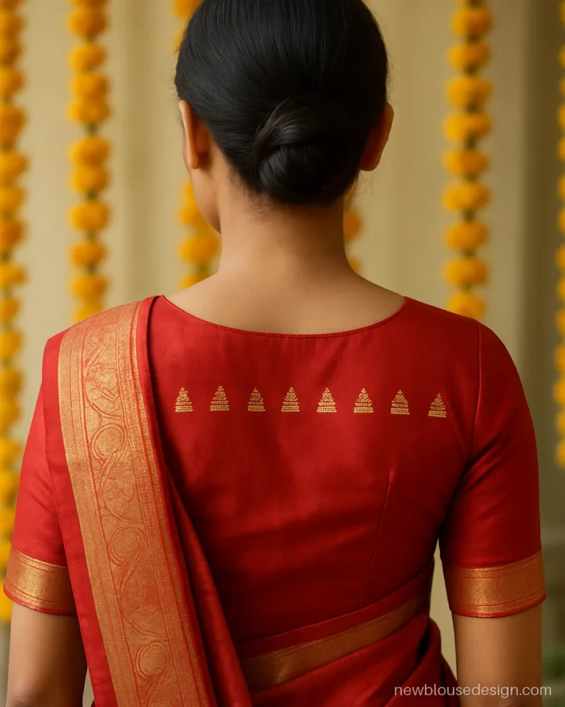 Temple design aari work blouse back in red silk with a closed back and gold gopuram motifs
