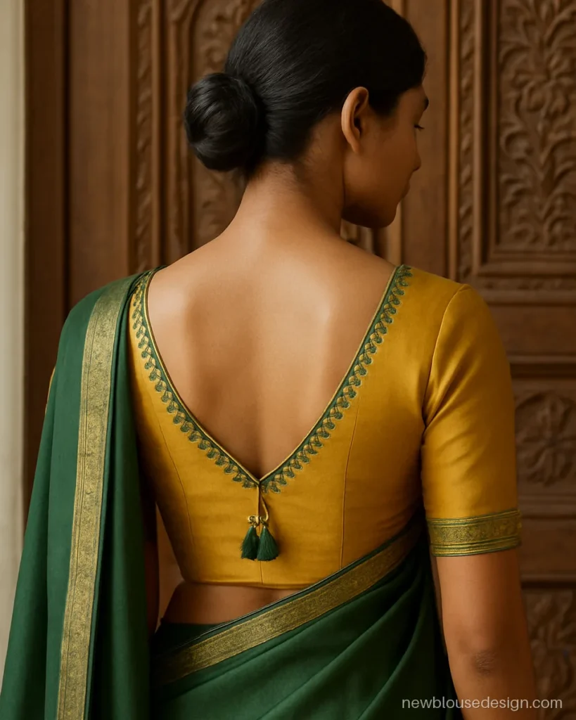 Aari work blouse leaf design on a paan back in mustard silk with green thread leaves