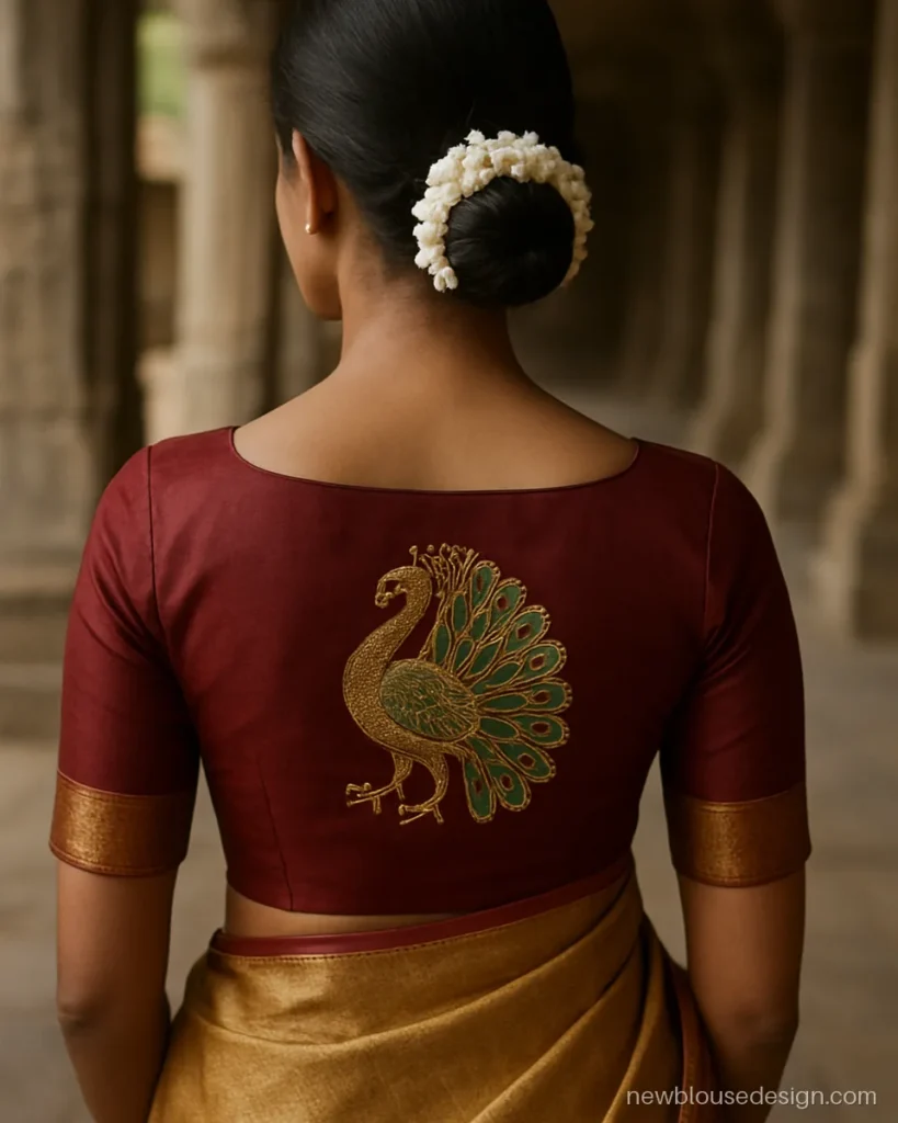Peacock aari work blouse back design in maroon silk with a gold and green peacock