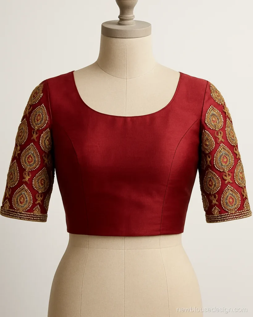 Maggam work blouse design in red silk with heavy mango motifs on elbow sleeves