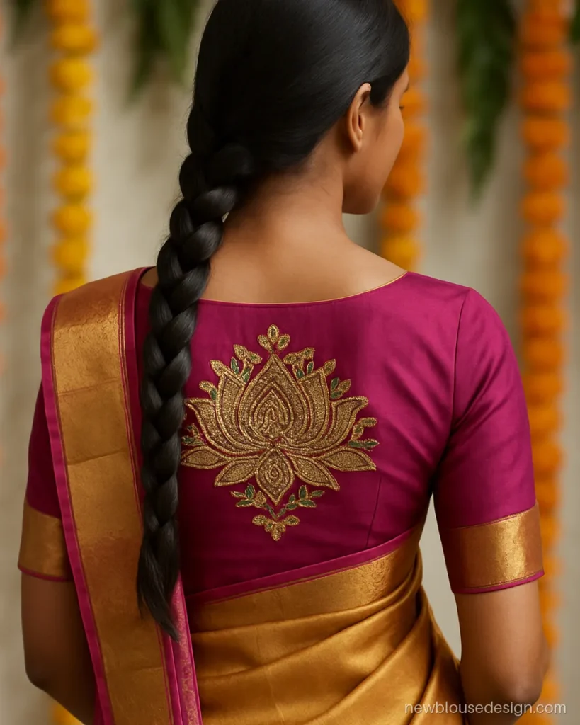 Maggam work lotus blouse design on the back in magenta pattu with a lotus pond motif