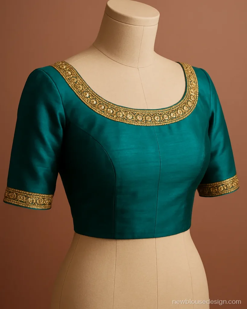 Boat neck aari work blouse design in teal silk with a kundan and zari neck border