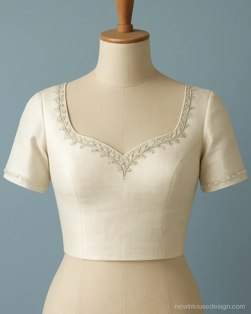 White blouse aari work design with a pearl and silver vine border on a sweetheart neck