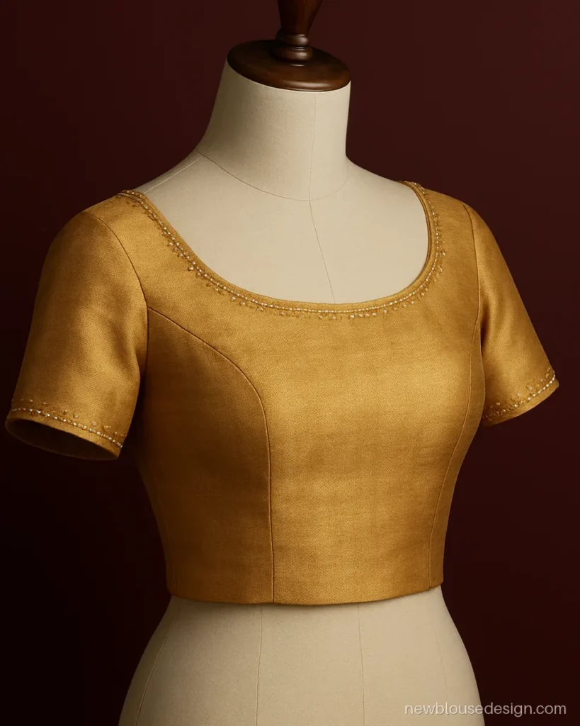 Golden colour blouse with simple aari work dots and small stones on a boat neck