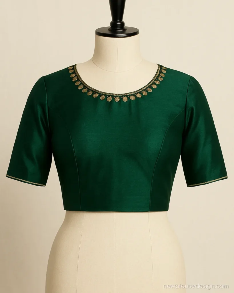 Aari work simple green colour blouse design with small gold butis around the round neck