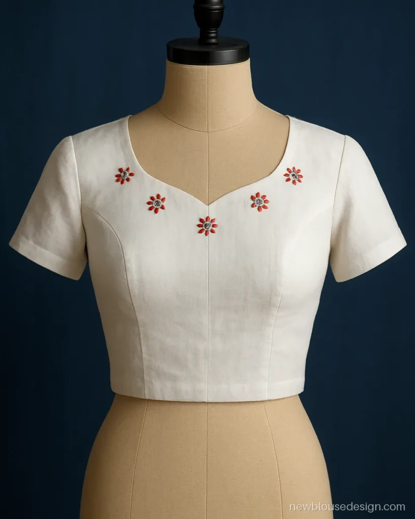 Simple aari work blouse design in white cotton with small mirror flowers on the yoke