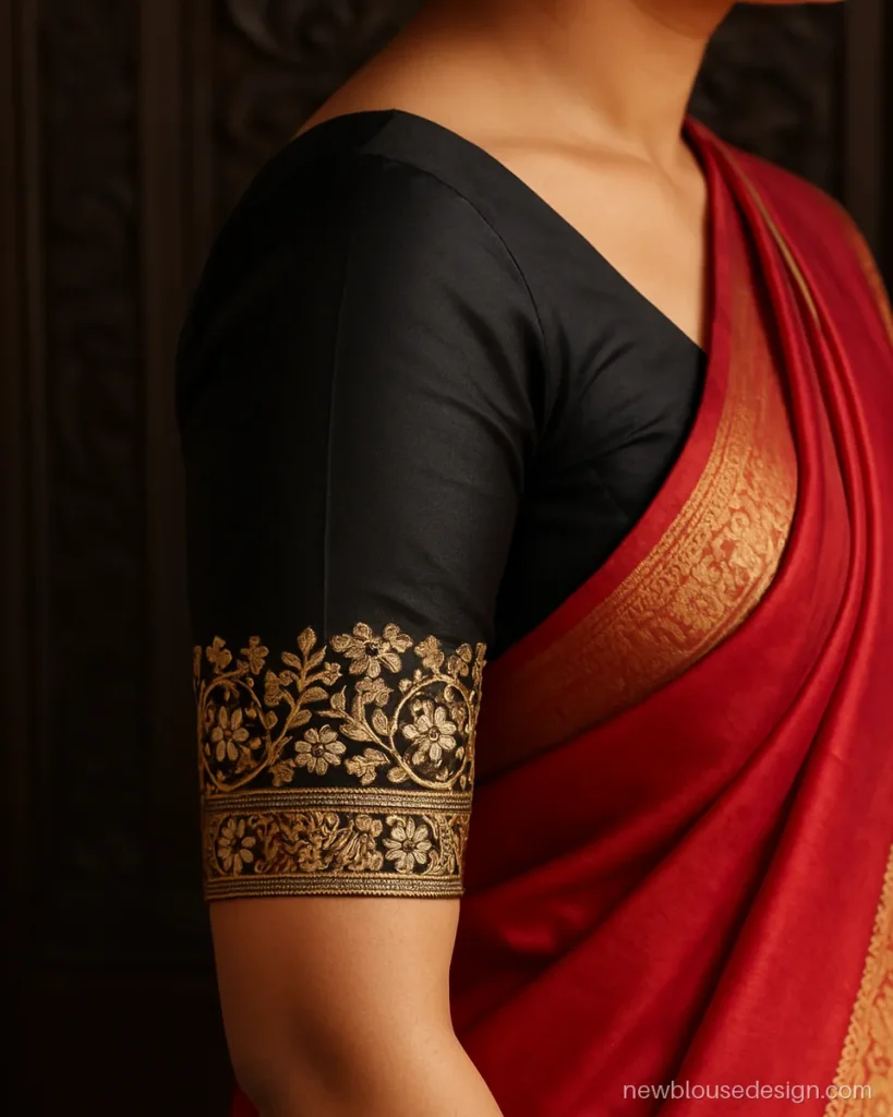 Black blouse aari work design with a wide gold floral band on the elbow sleeves