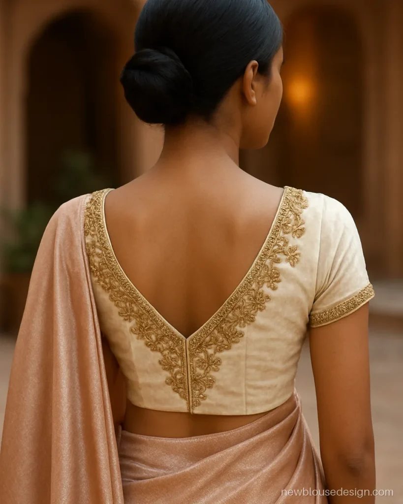Zardosi work blouse design in ivory velvet with gold coil and dabka floral work