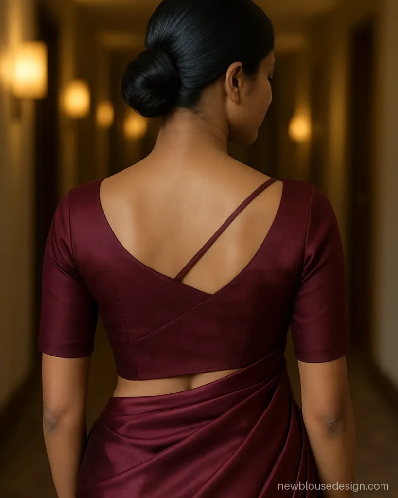 Wine silk blouse back design with an asymmetric neckline and one diagonal strap