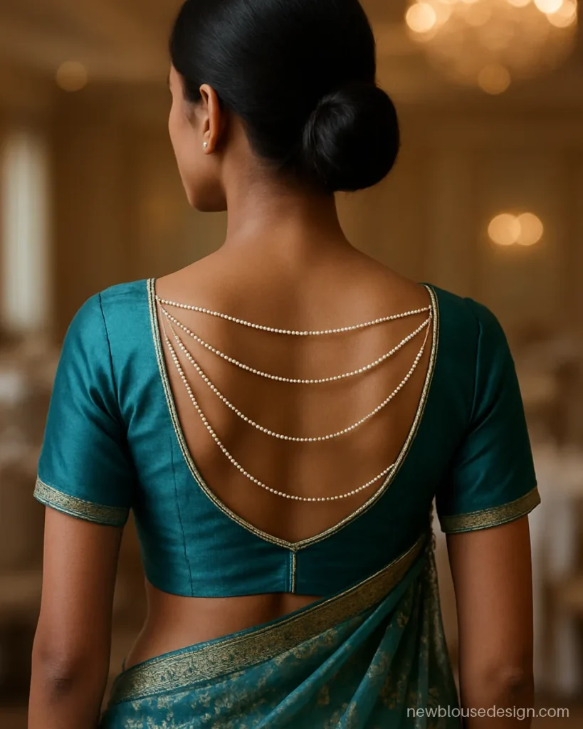 Teal blouse back with strings of pearl beads across an open back