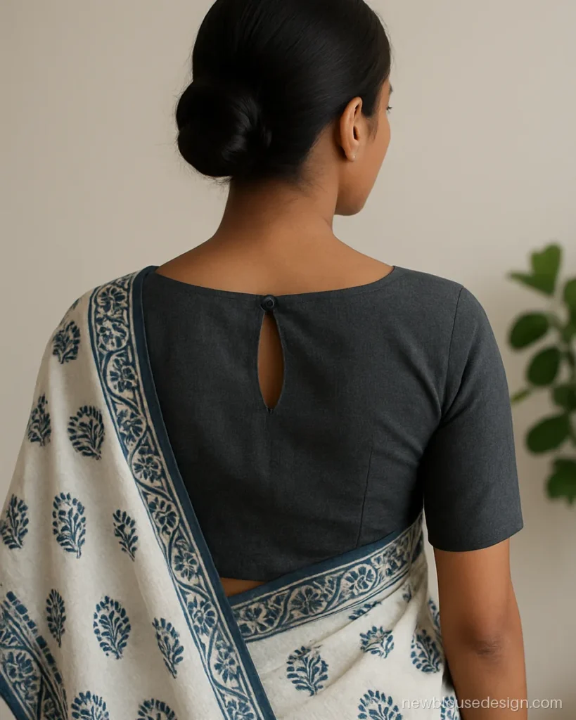 Grey cotton boat neck blouse with a teardrop keyhole and one button