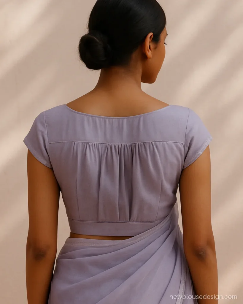 Lavender chiffon boat neck blouse back with a gathered yoke and narrow belt