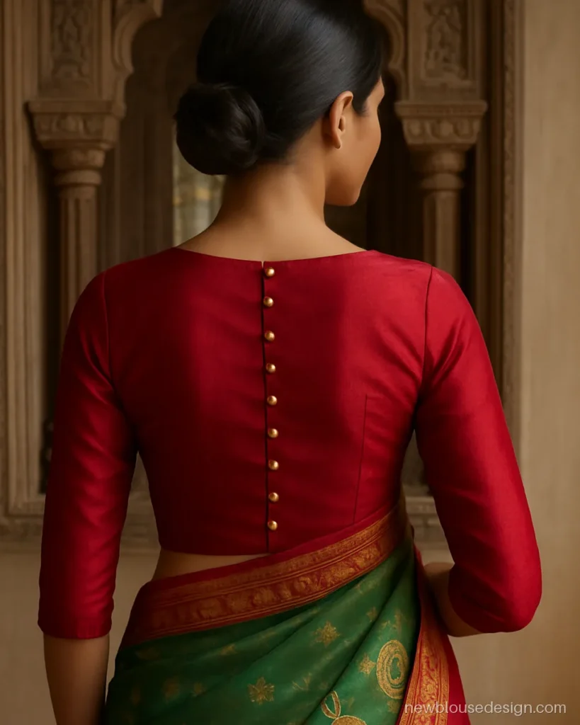 Boat neck back design blouse in red silk with a row of gold potli buttons