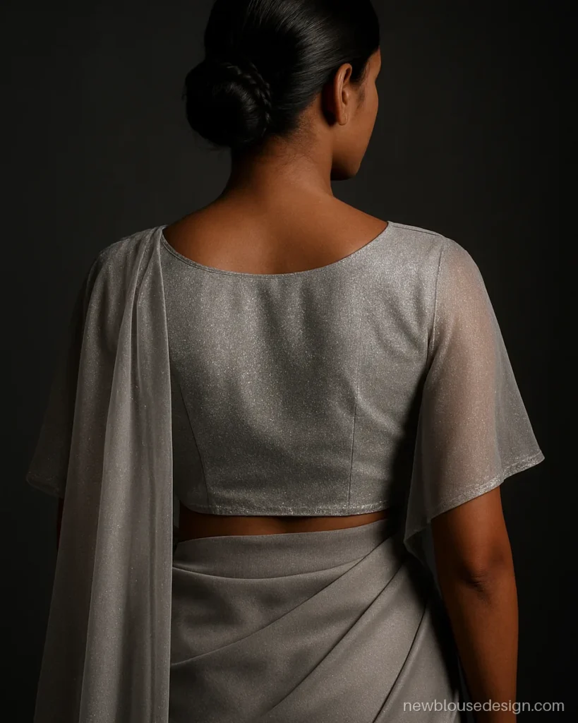 Silver shimmer blouse back with a sheer cape overlay falling to the waist