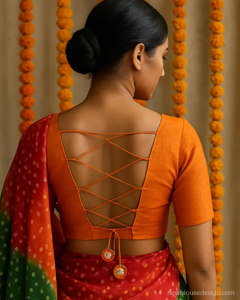 Orange cotton blouse back design with criss-cross dori and mirror latkans