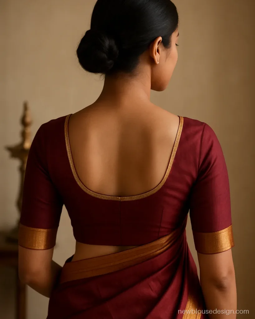 Deep U back blouse design in maroon silk with thick zari piping