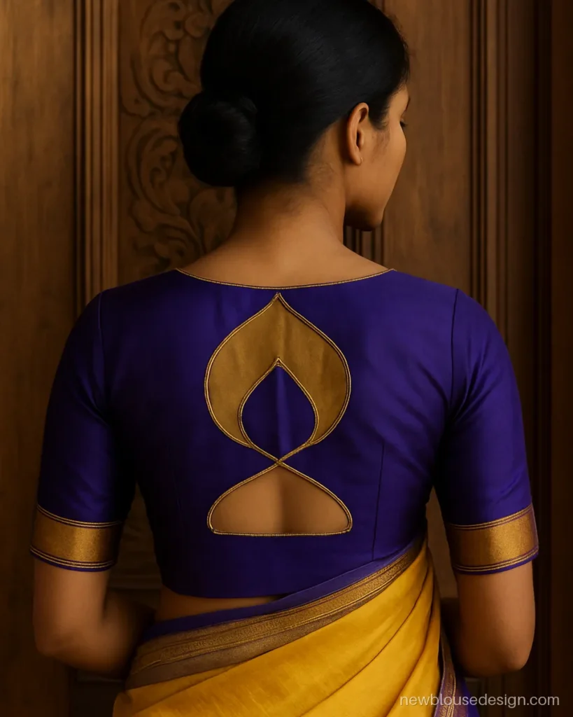 Purple silk blouse with a double paan back and gold thread work