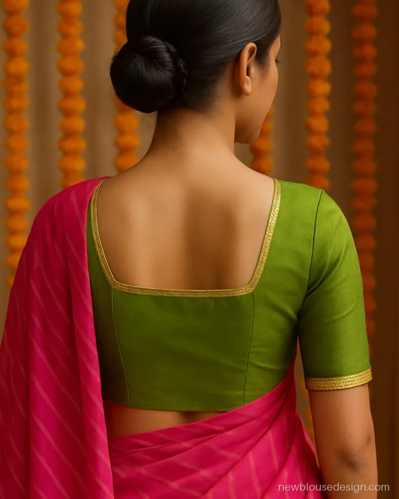 Green silk square back neck blouse with gota lace border