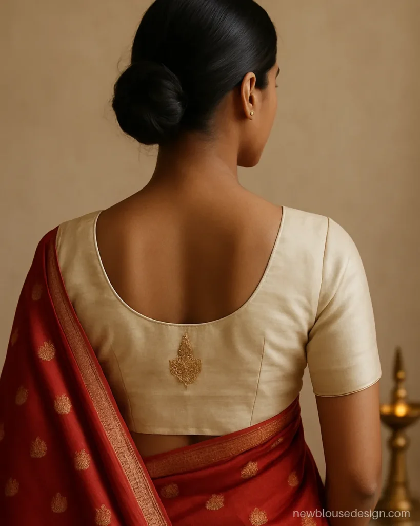 Cream silk traditional blouse back with a kalash motif in zardozi