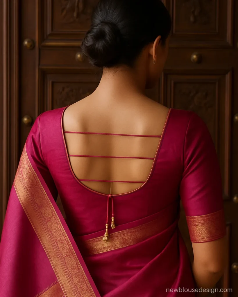 Back side blouse design in rani pink silk with a ladder of three dori ties