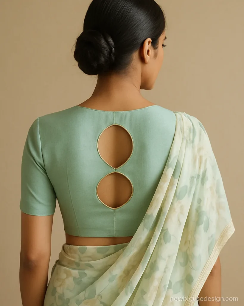 Modern blouse back design in mint crepe with two stacked oval cut-outs and gold piping