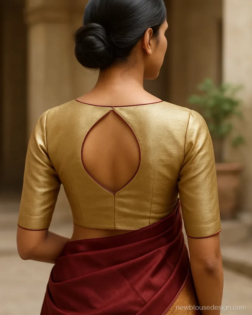 Paan shape back design blouse in gold tissue with a thin maroon piping