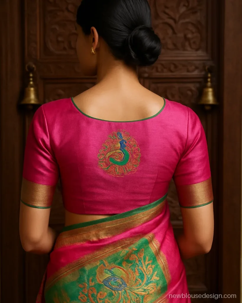 Pink Paithani blouse back design with a woven peacock motif panel