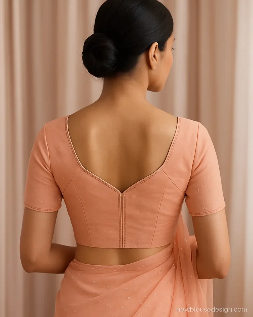 Peach princess cut blouse back design with a sweetheart opening