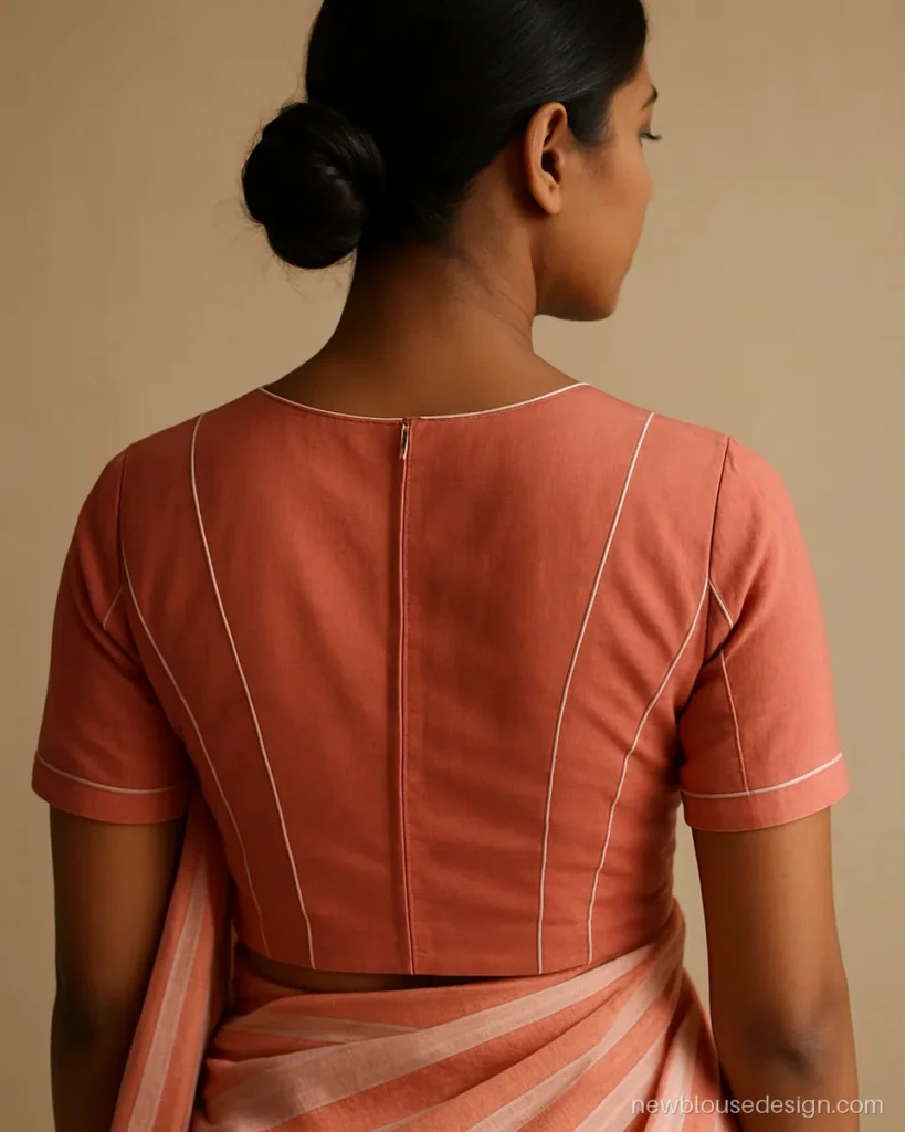 Coral princess cut blouse back with vertical panels and white contrast piping