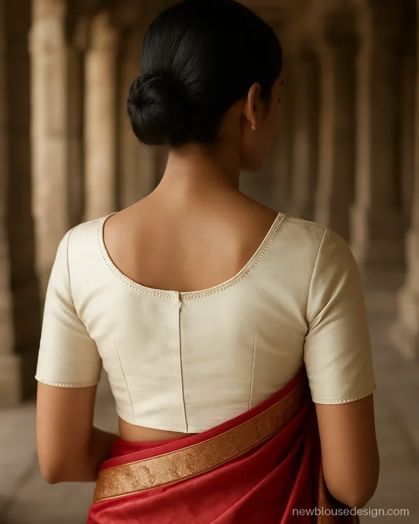 Round back neck blouse in ivory silk with a pearl edge and hook