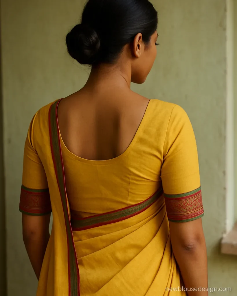 Yellow cotton blouse back design with the saree border stitched along a U neck