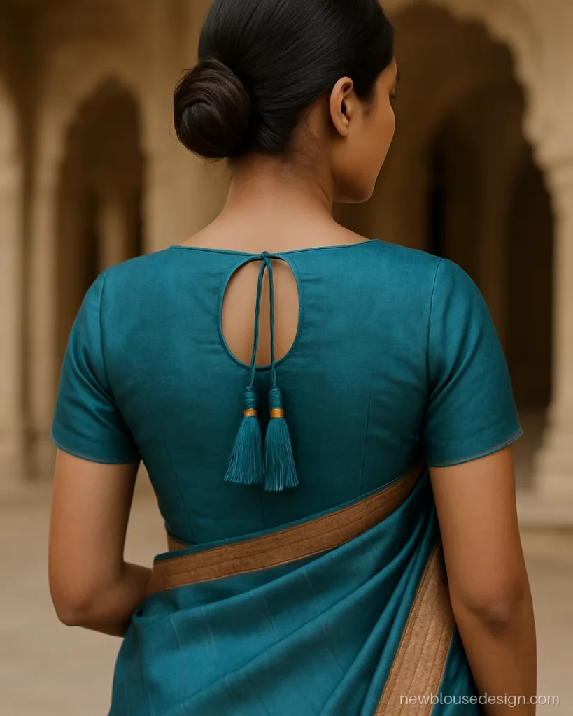 Teal raw silk blouse back with a keyhole, single dori and long silk tassels