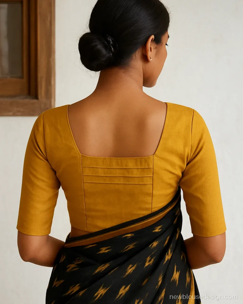 Square back neck blouse in mustard cotton silk with a pleated panel below the neck