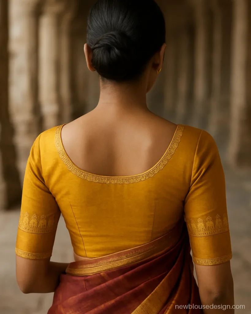 Traditional blouse back design in mustard silk with temple motif maggam work