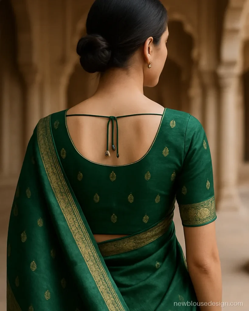 Bottle green silk blouse back with mango buttas in zari and a dori