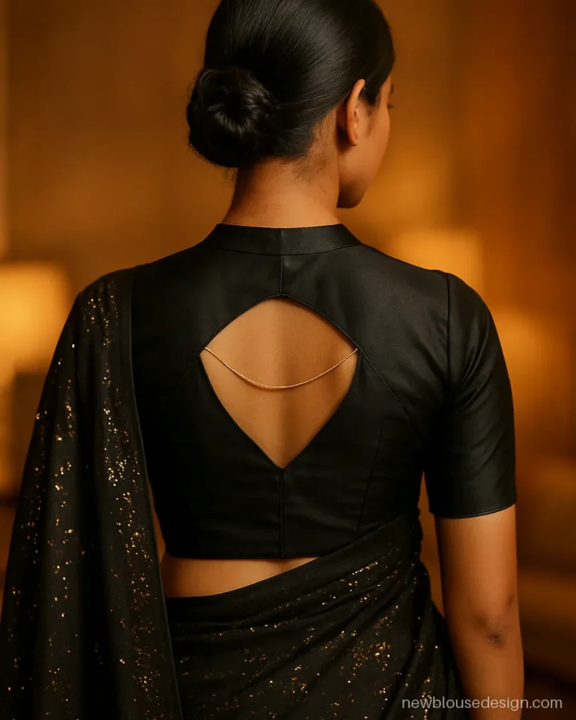 Black silk blouse back design with a triangle cut-out and a delicate chain