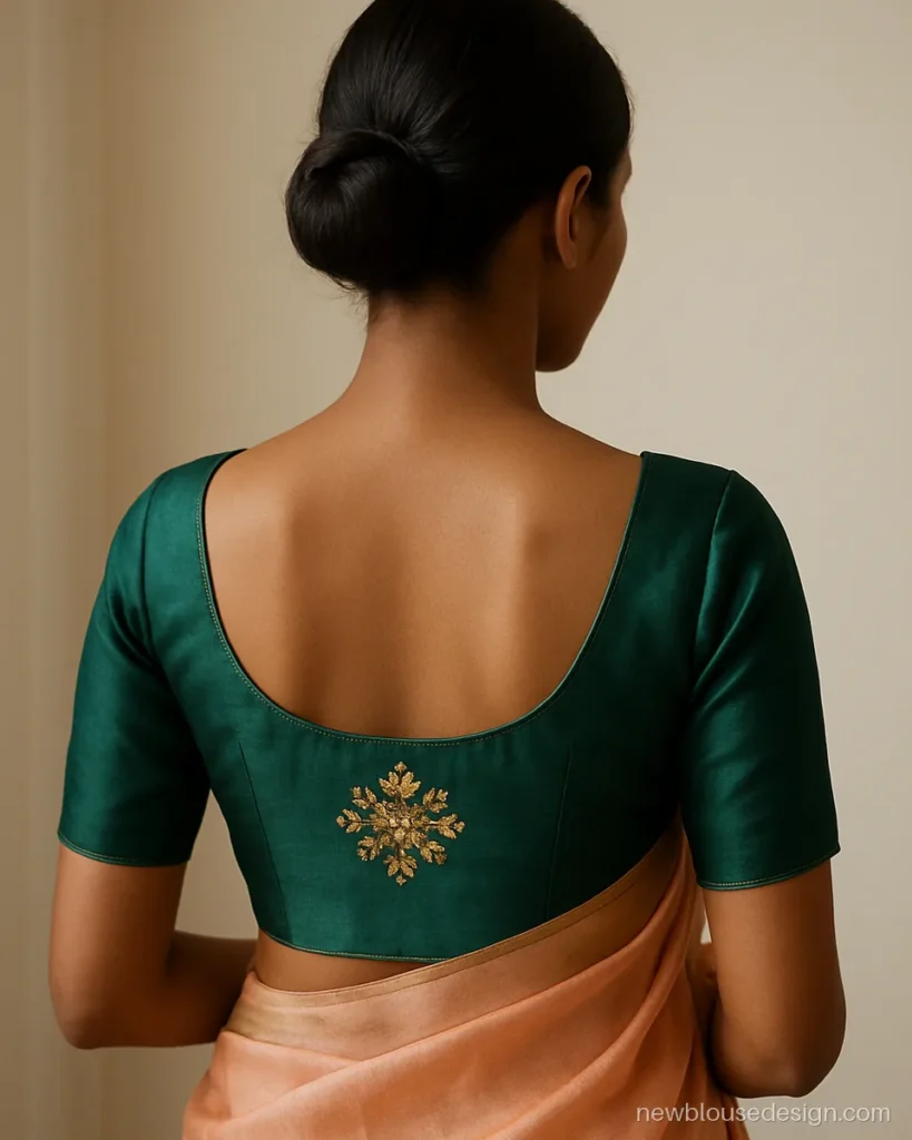 Emerald green blouse back with a U neck and aari motif cluster below