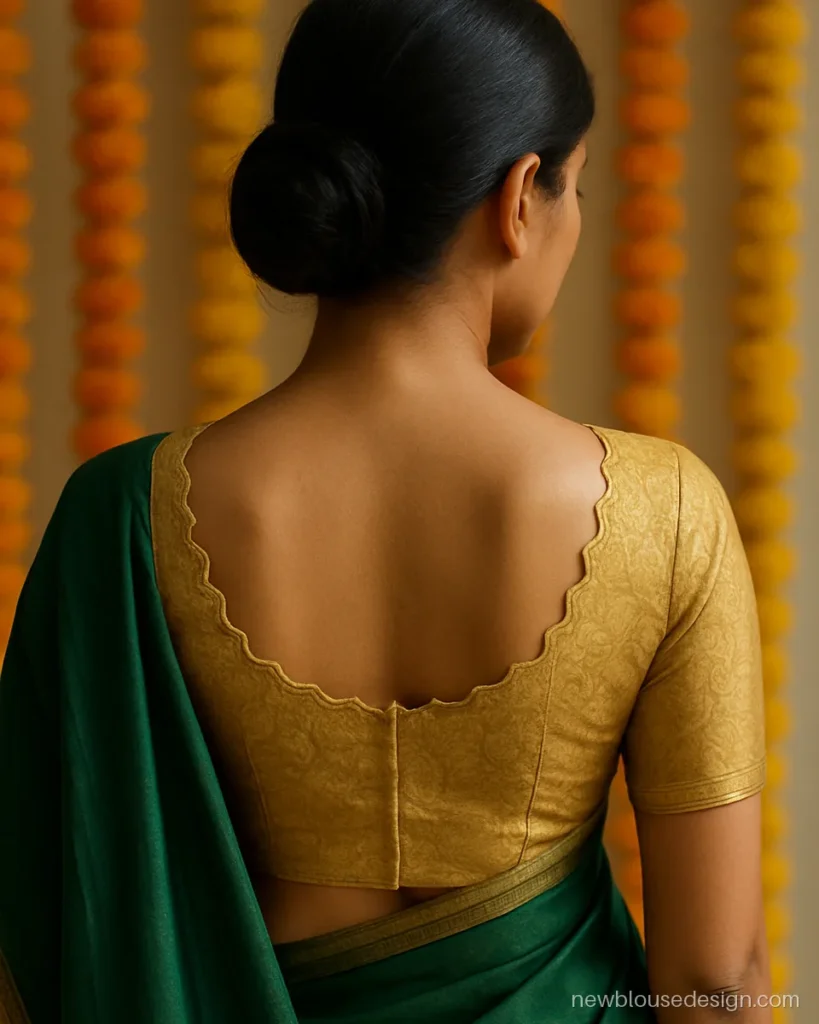 Gold brocade deep blouse design back with a scalloped edge