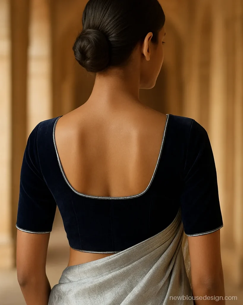 Navy velvet deep back blouse design with a low square neckline