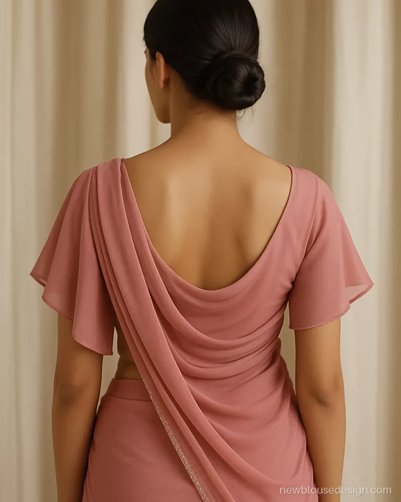 Rose pink chiffon blouse with a deep back and soft cowl drape