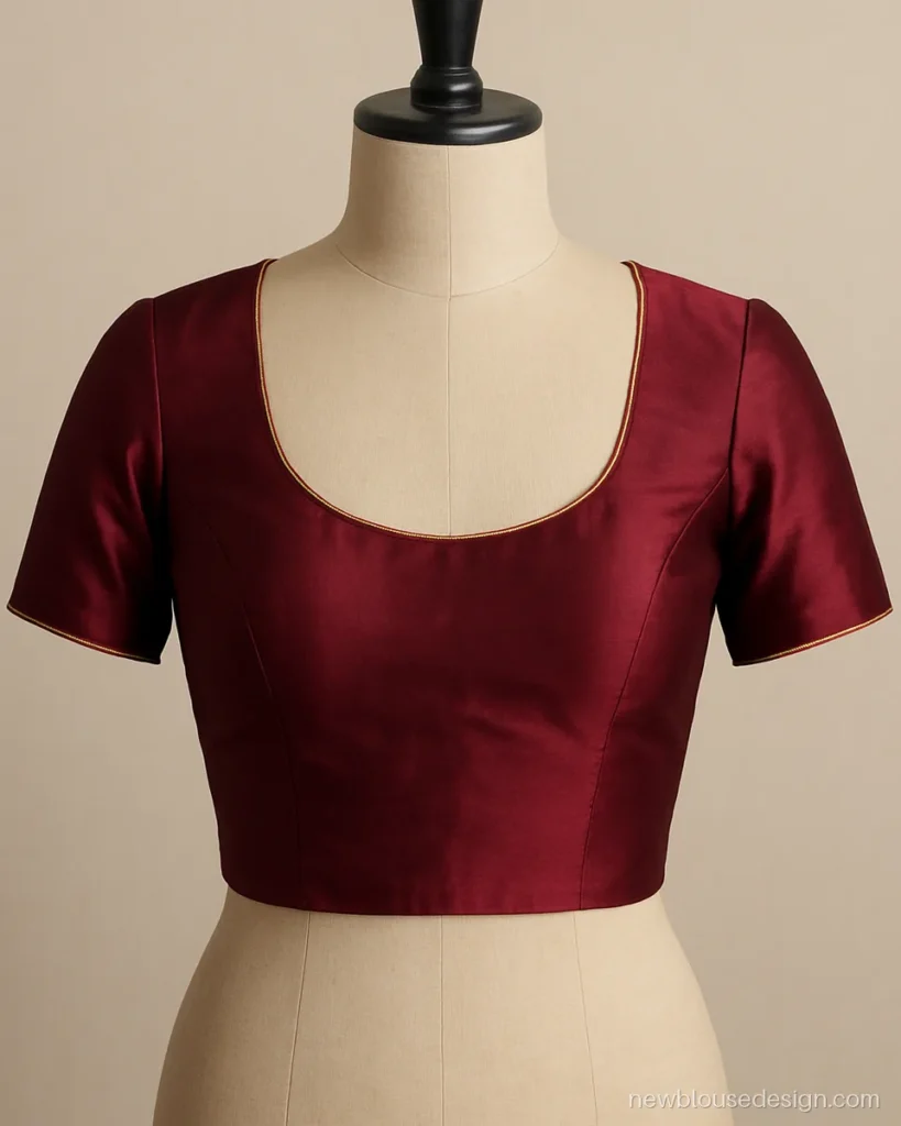 Deep gol gala blouse design front in wine silk on a dress form