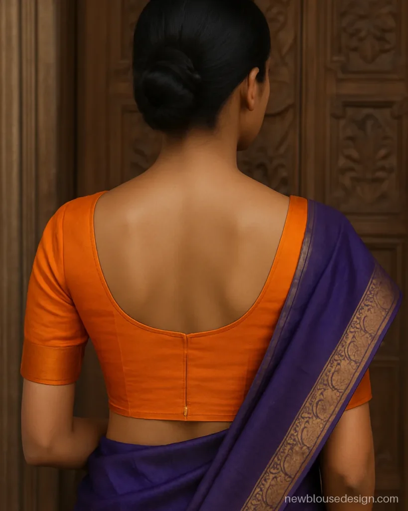Deep U back blouse in orange silk with a single hook at the base