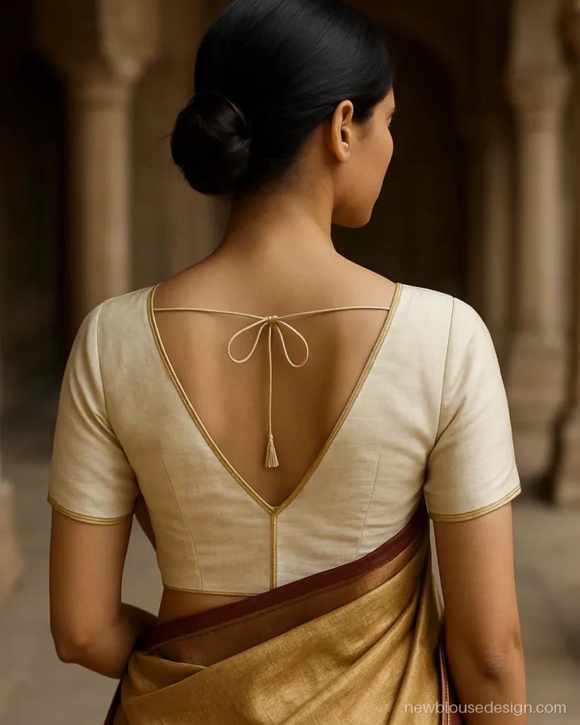 Ivory raw silk deep V back blouse with a zari edge and dori