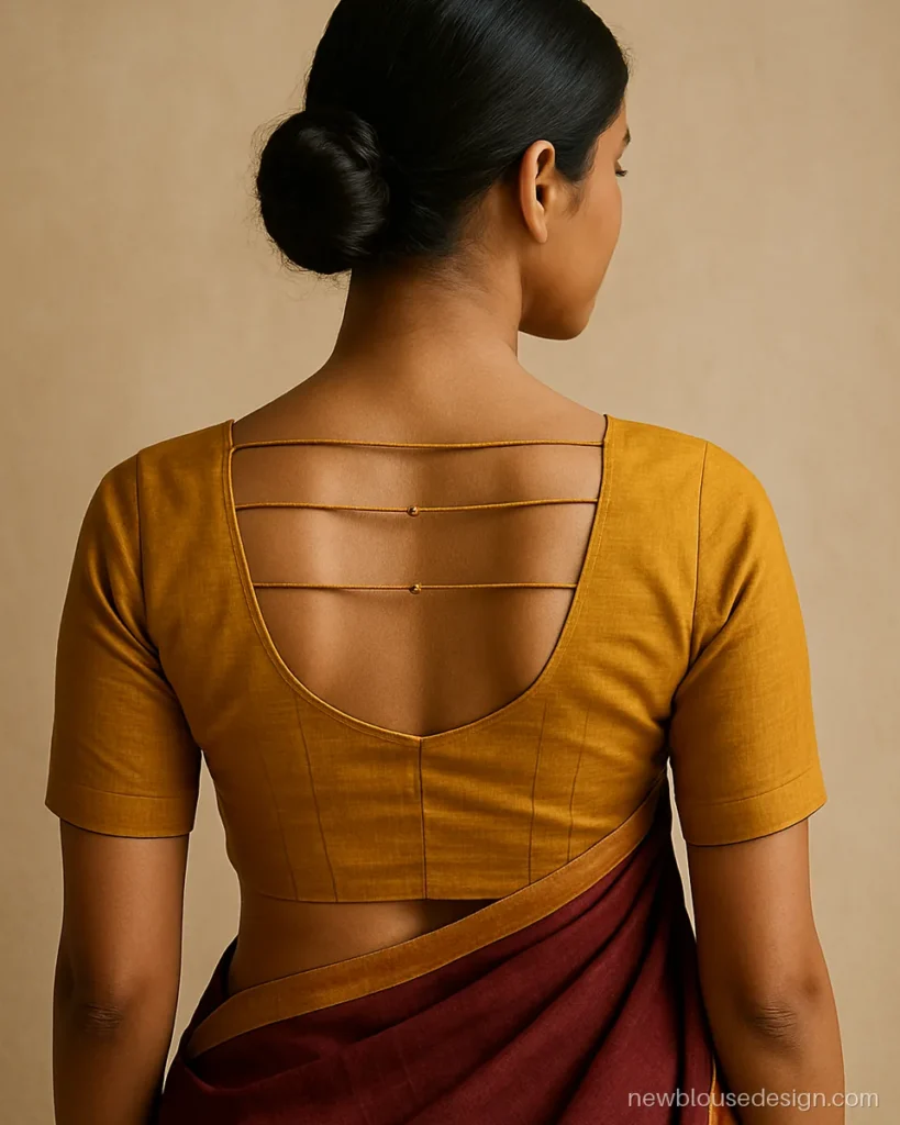 Mustard cotton silk backless blouse with a ladder of three dori strings