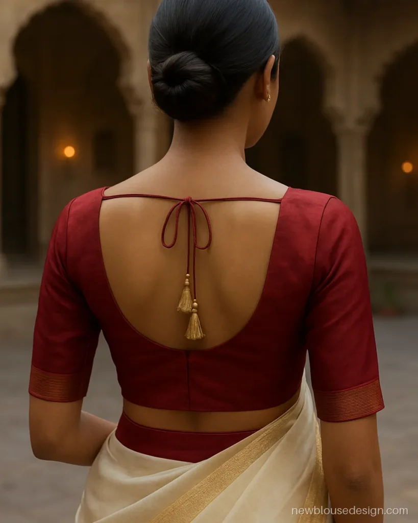 Ruby red silk backless blouse design with dori and twin gold tassels