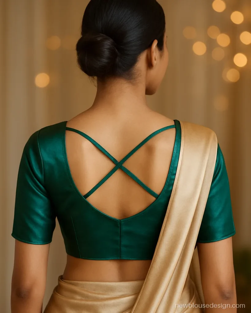 Emerald satin open back blouse design with criss-cross straps