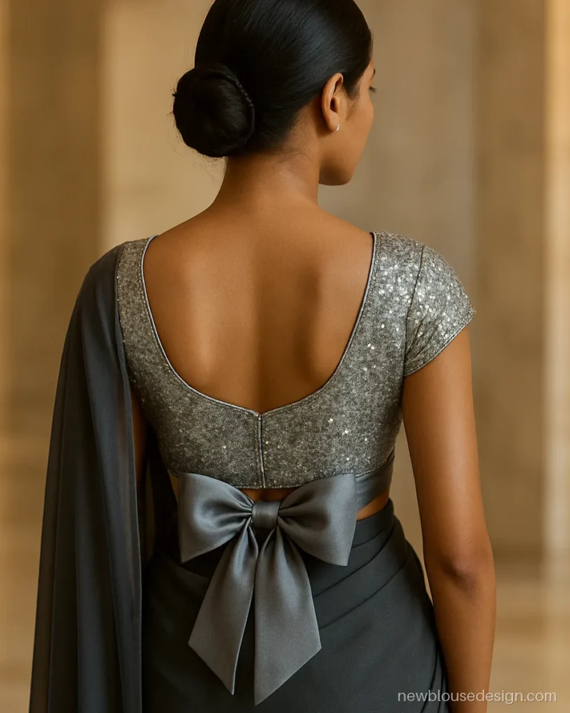 Silver sequin modern backless blouse with a large satin bow at the waist