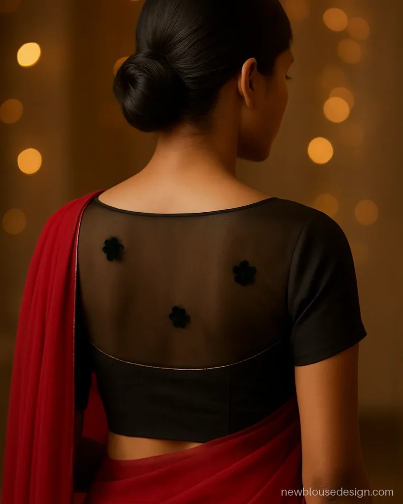 Black crepe blouse back with net panel and appliqued velvet flowers