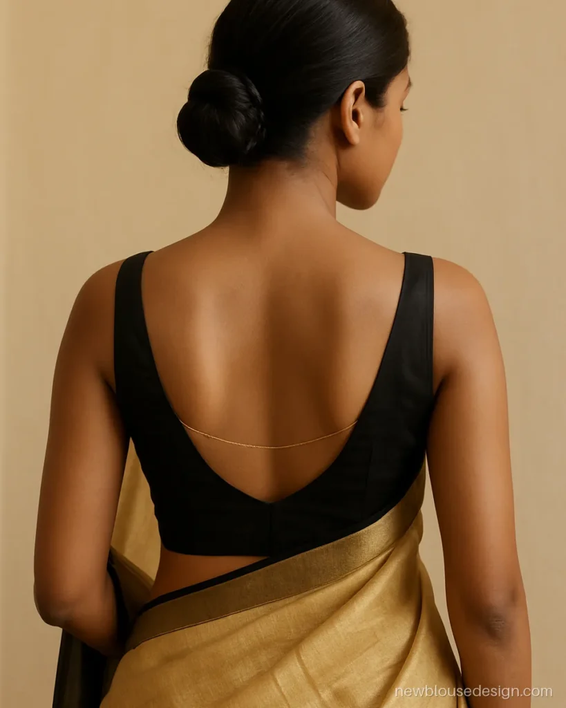 Black silk sleeveless blouse back design with a deep neck and gold chain