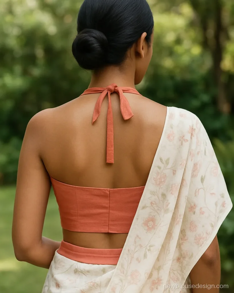 Coral cotton halter neck backless blouse with a tie at the nape